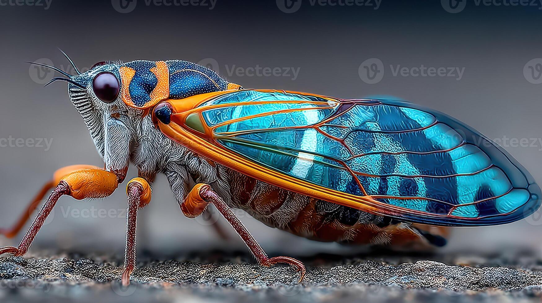 Vibrant cicada perched on a surface showcasing intricate details of its blue and orange wings in natural light photo