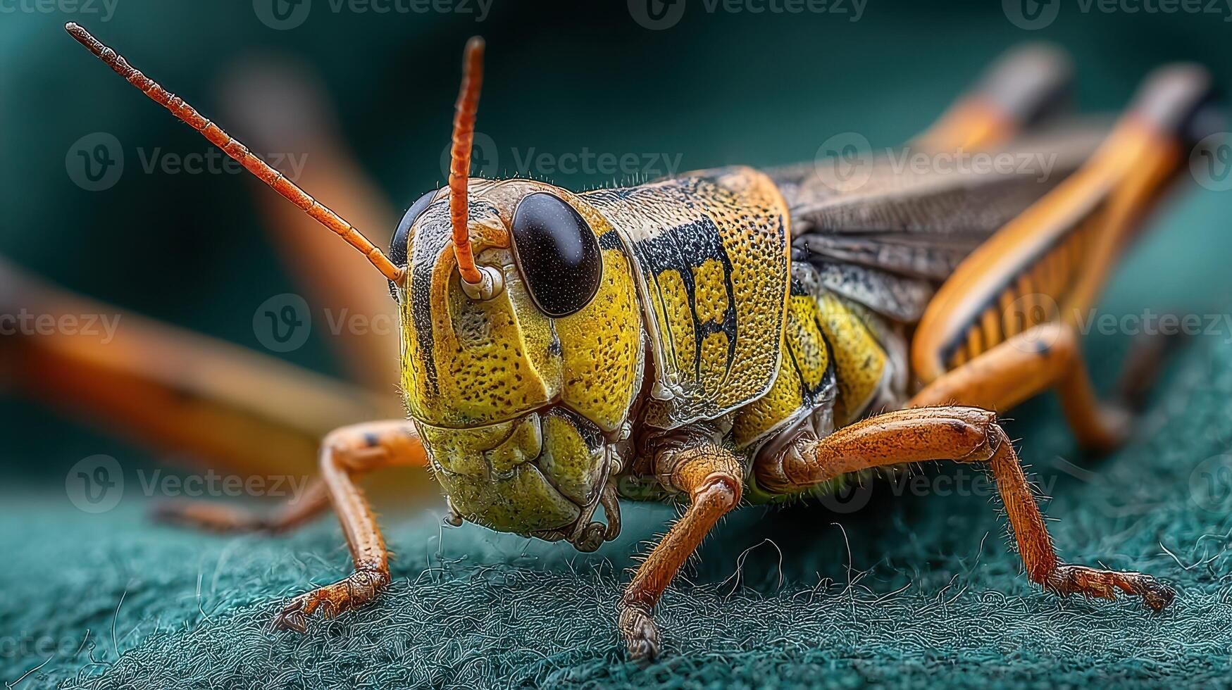 Close-up of a colorful grasshopper perched on green fabric in natural light photo