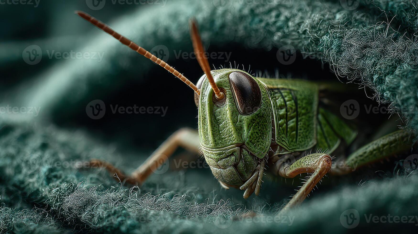 Close-up view of a green grasshopper resting on dark fabric in a natural setting during the day photo