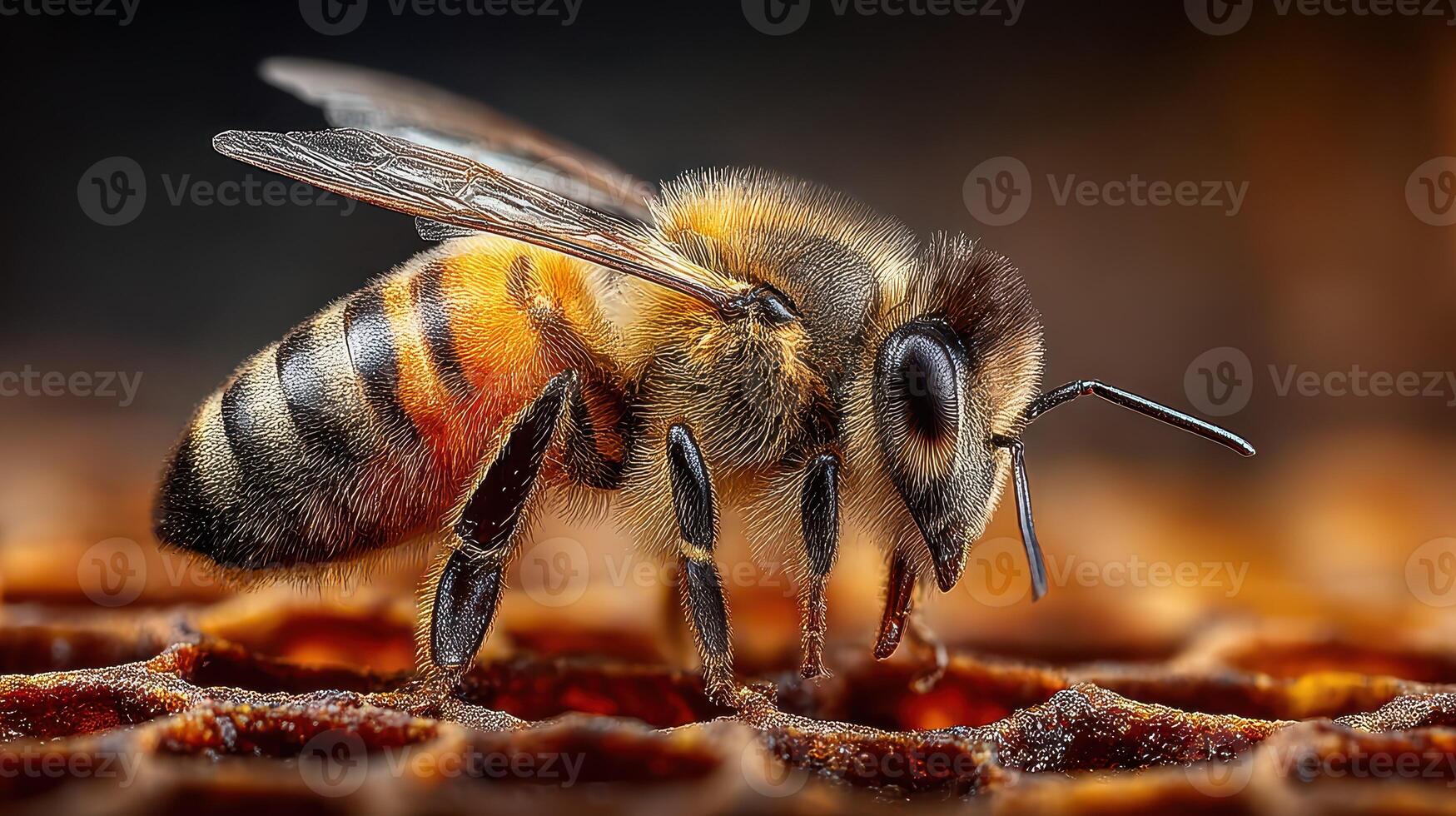 Close-up of a bee collecting nectar on a honeycomb in a natural setting with warm lighting during the day photo