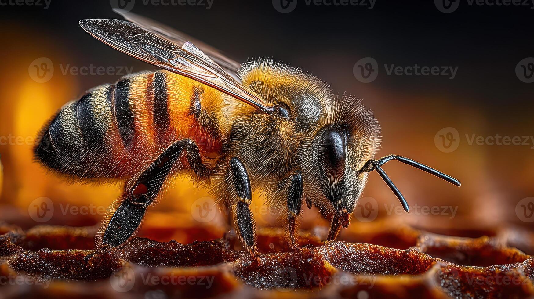 Close view of a honey bee working on honeycomb during golden hour light photo