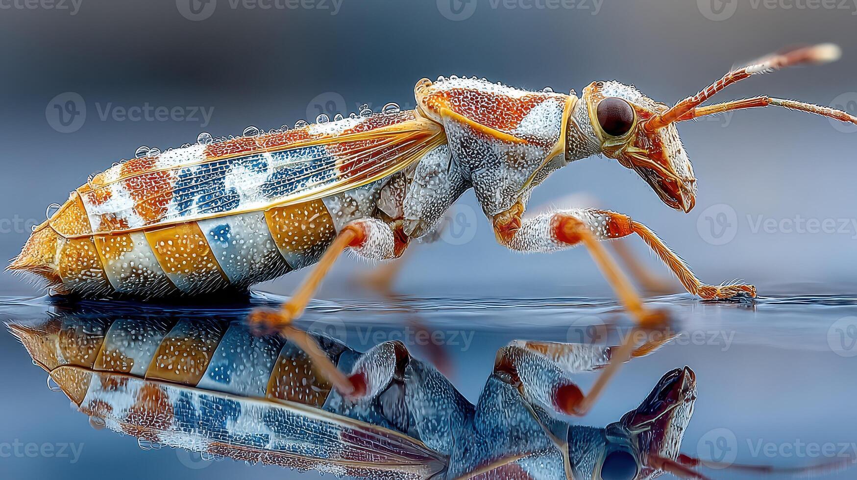Colorful insect with intricate patterns walking along a reflective surface in a natural environment during daytime photo