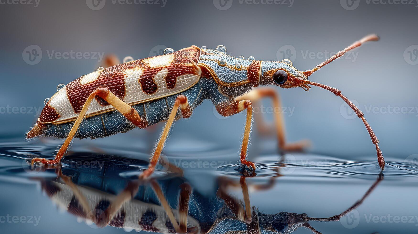 Colorful insect with intricate patterns on a reflective surface in a close-up view photo