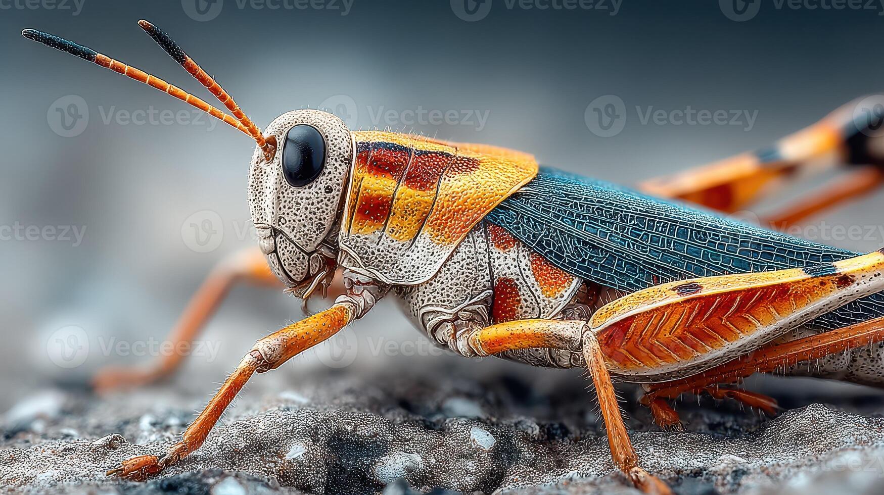 Close-up view of a colorful grasshopper resting on a rocky surface in natural habitat photo