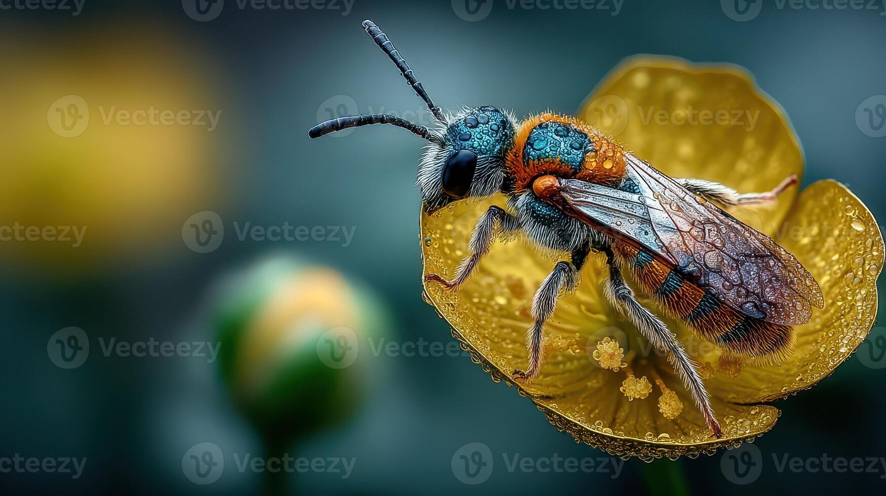 Close-up view of a bee resting on a yellow flower in nature during early morning light photo