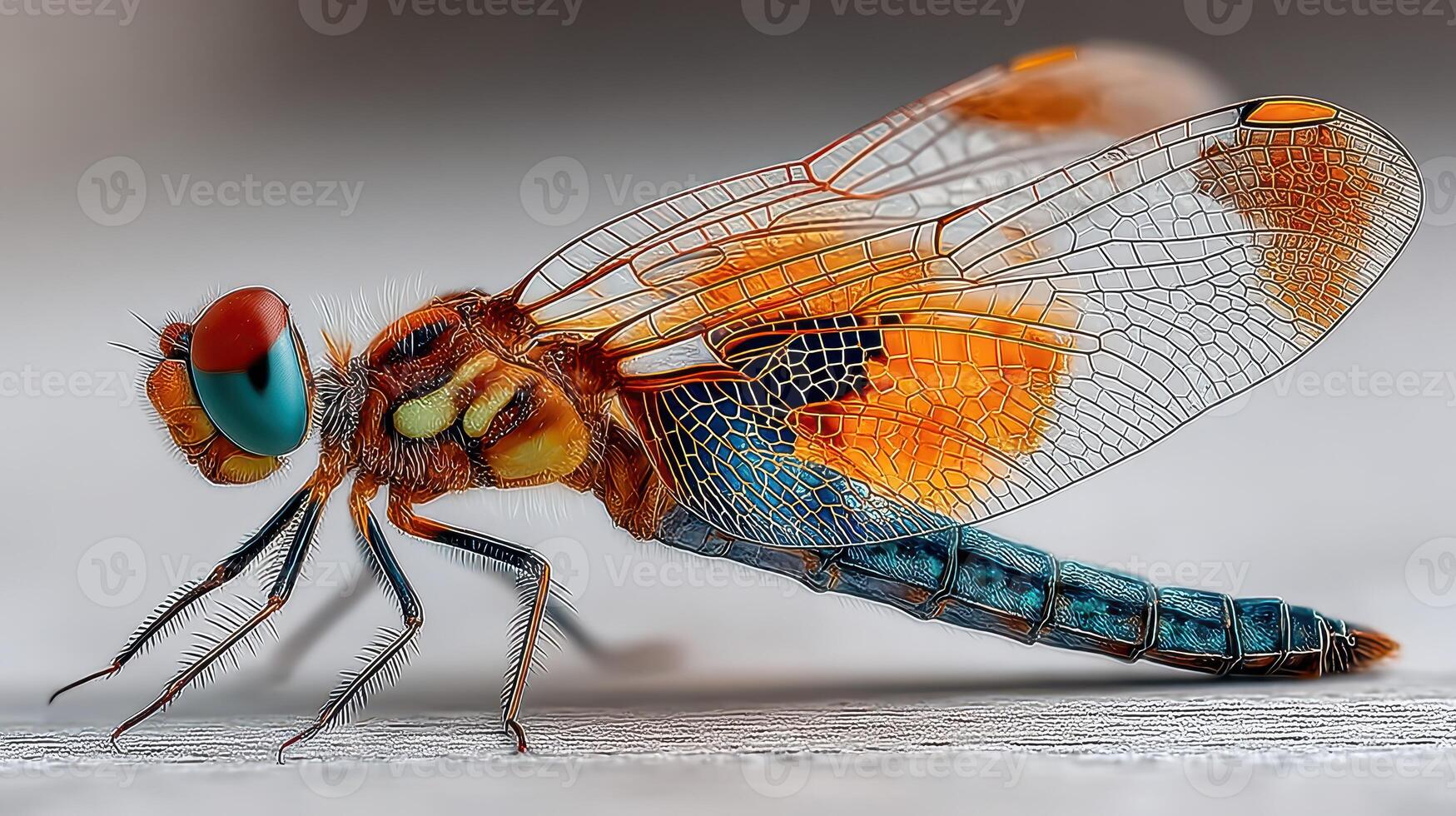 Detailed view of a vibrant dragonfly resting on a surface in natural light photo