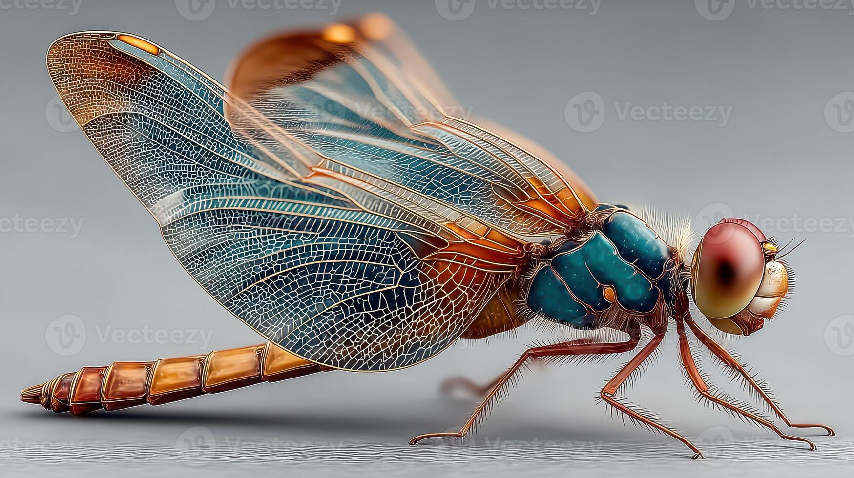 Close-up view of an intricate and colorful dragonfly showcasing detailed wings and body structure in natural light photo