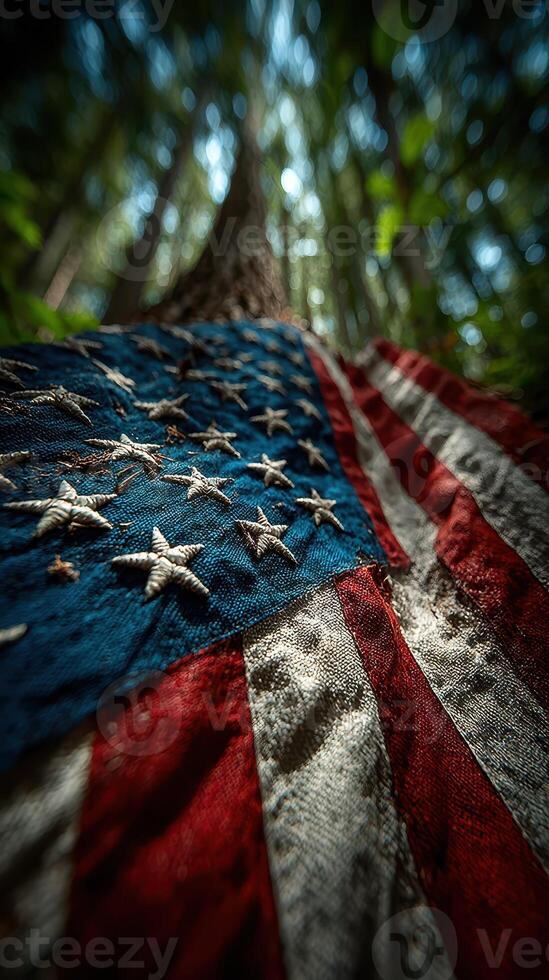 American flag draped on a tree in a serene forest setting during early morning light photo
