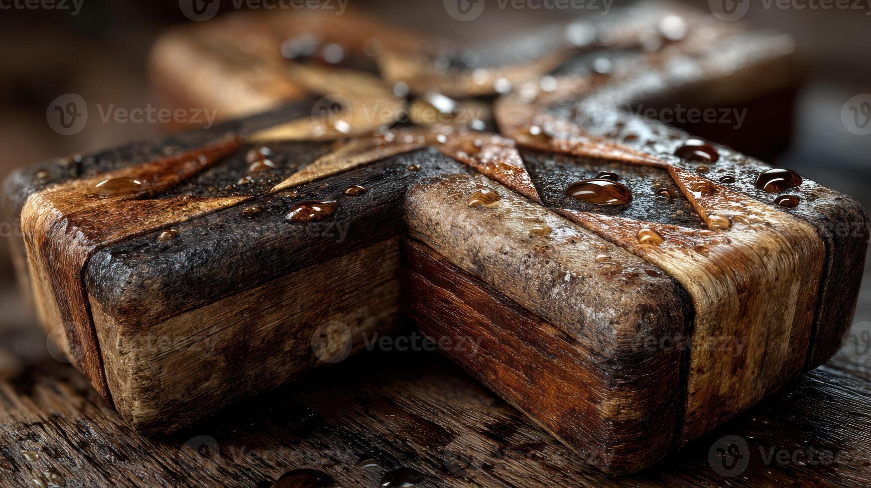 Historic wooden cross with intricate design and water droplets on a weathered table photo