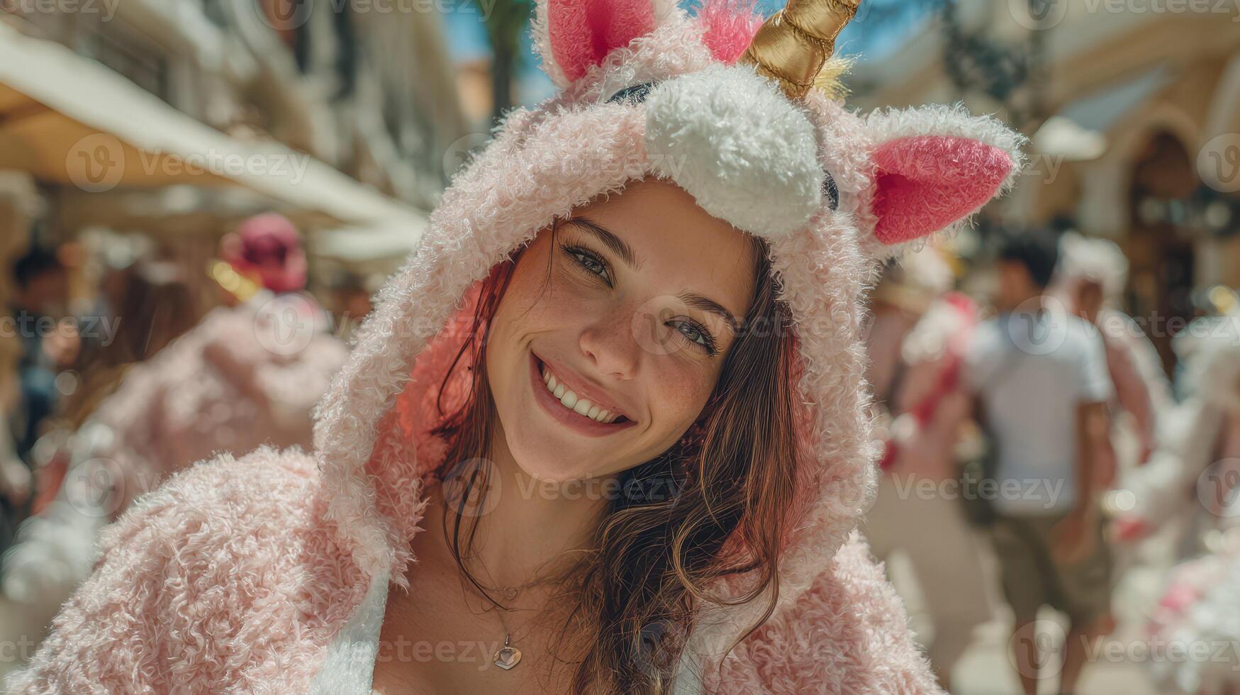 Smiling woman in unicorn costume at a lively outdoor event during sunny daytime photo