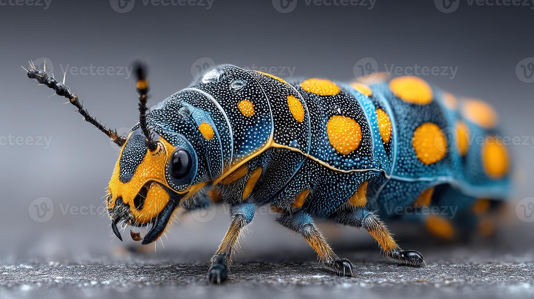 Colorful caterpillar with blue and orange patterns crawling on a surface in a detailed close-up view photo