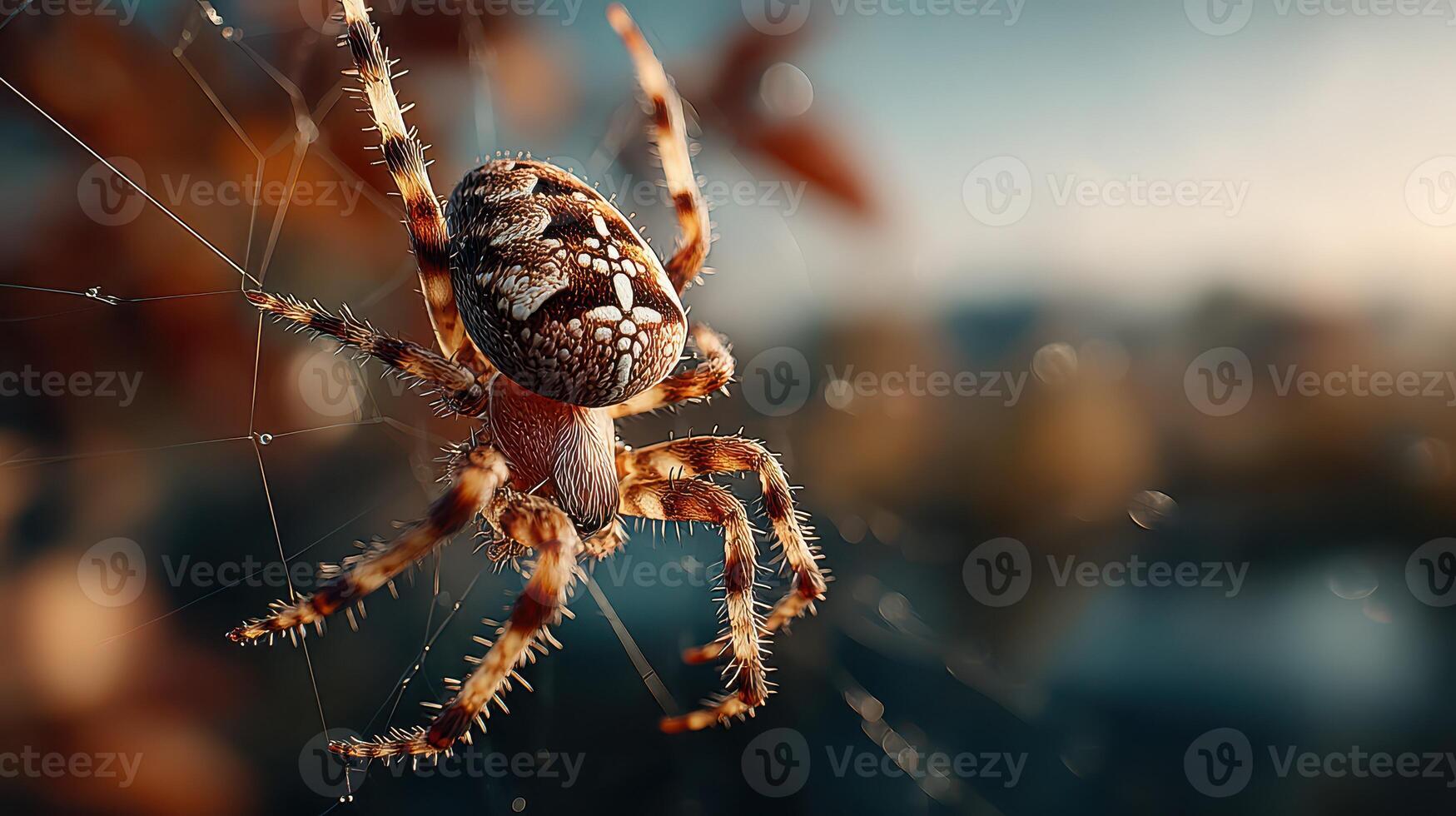 Close-up of a spider weaving its intricate web in nature during golden hour light photo