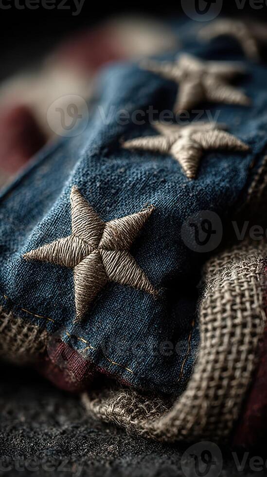 Detailed close-up of decorative embroidery on fabric showcasing intricate star patterns and colorful textures in soft lighting photo