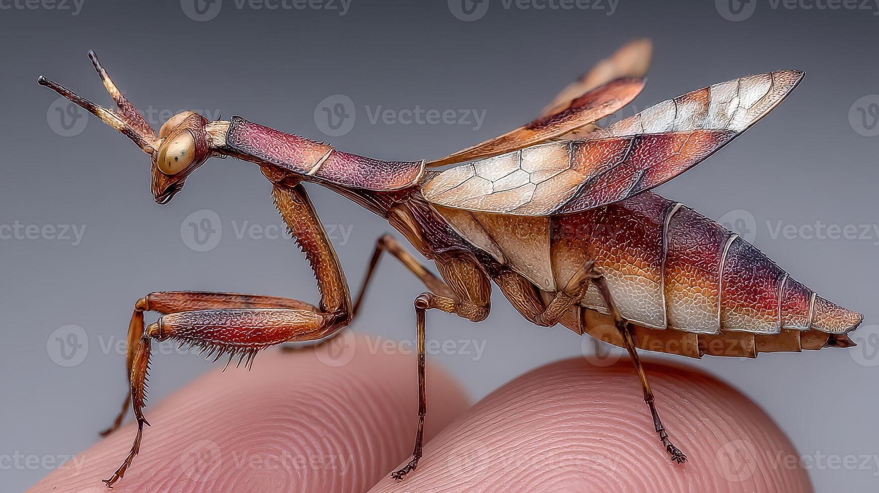 Close view of a colorful praying mantis perched on a finger in a natural setting, showcasing intricate details of its body and wings during daylight photo