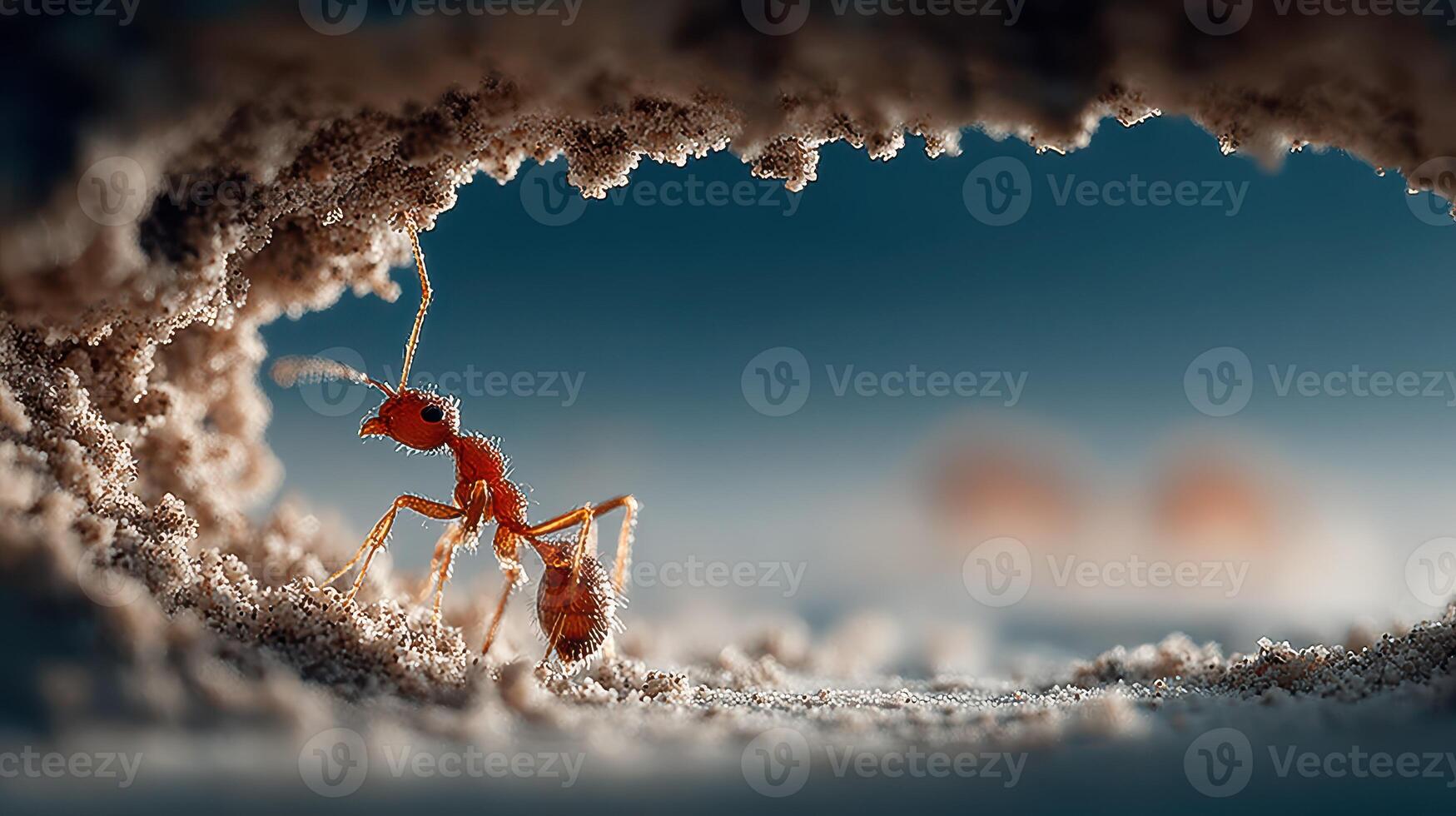 Ant emerges from nest in sandy environment during daylight photo