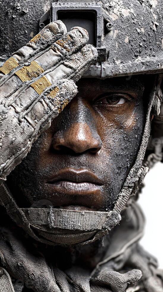 Soldier in combat gear with a saluting gesture shows bravery and resilience after a challenging mission in harsh conditions photo