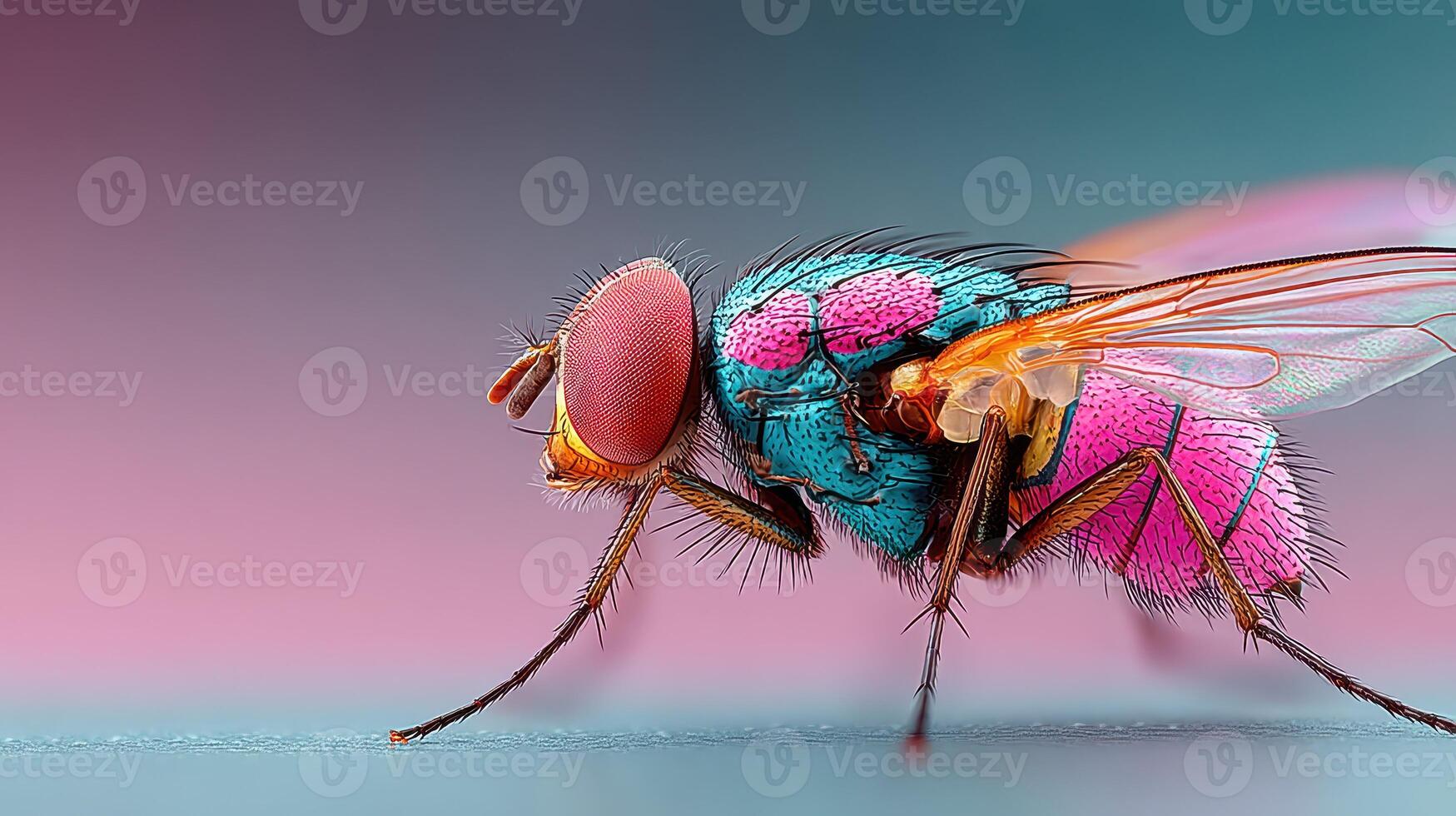 Vibrant close-up of a colorful fly highlighting its intricate features and vivid colors against a soft gradient background photo