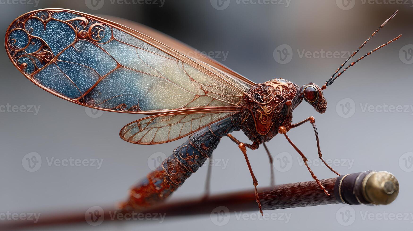 Detailed representation of a metallic insect perched on a stick showcasing intricate designs during daylight photo
