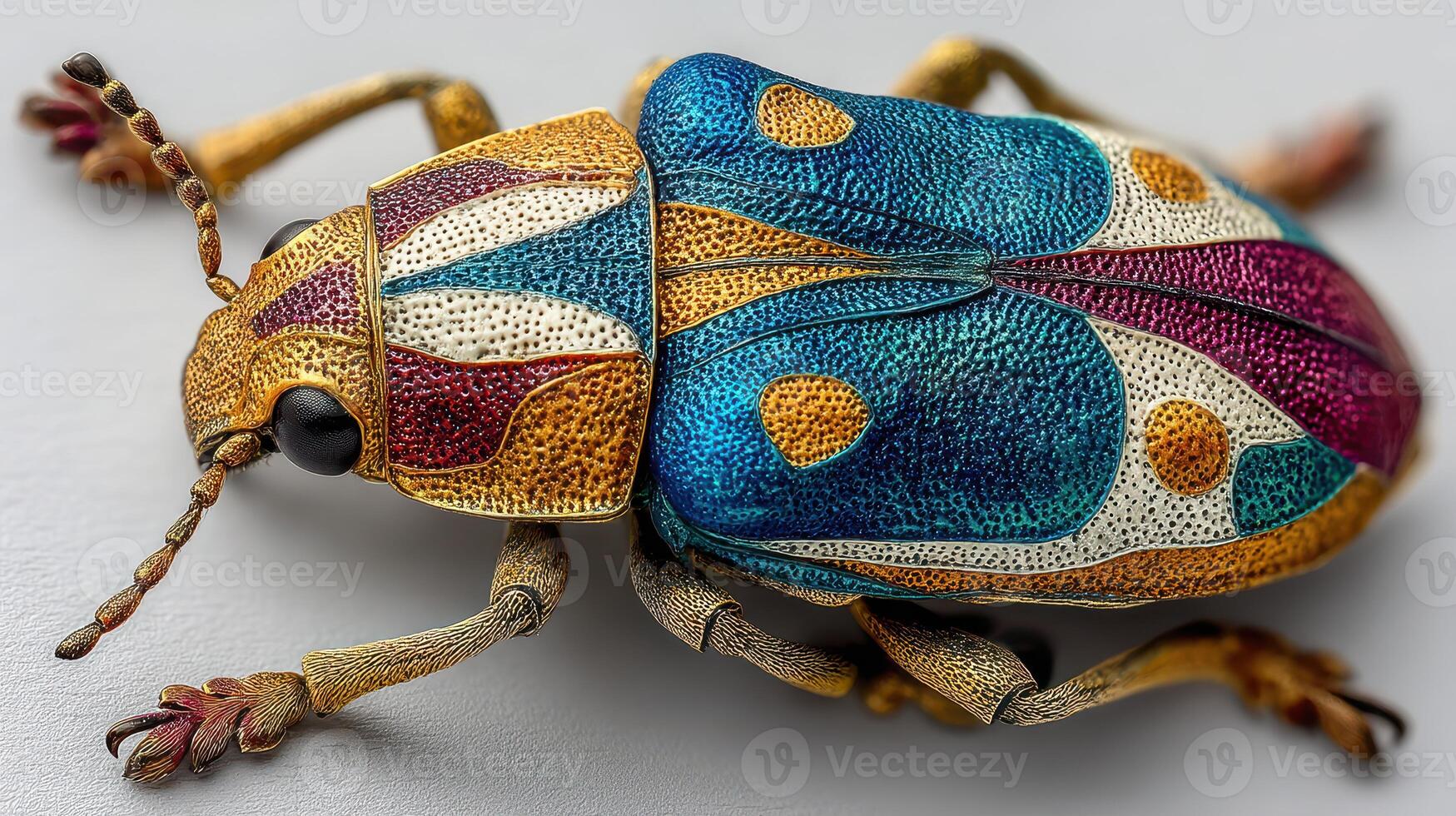 Detailed close-up of a vibrant metallic beetle showcasing intricate patterns on its shell in a studio setting photo
