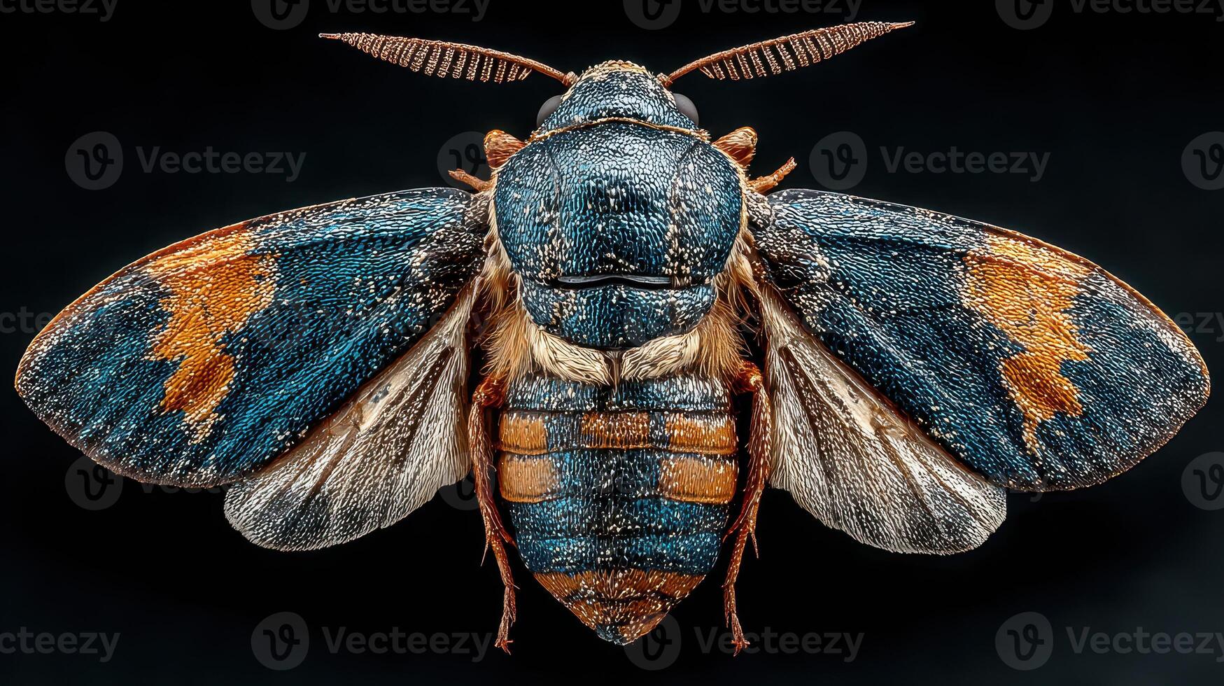 Detailed close-up of a colorful moth displaying intricate patterns and textures against a dark background photo