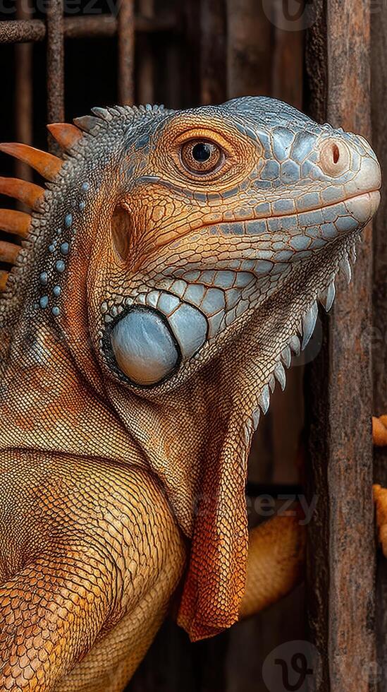 Colorful iguana resting near a wooden enclosure in a wildlife sanctuary during midday photo