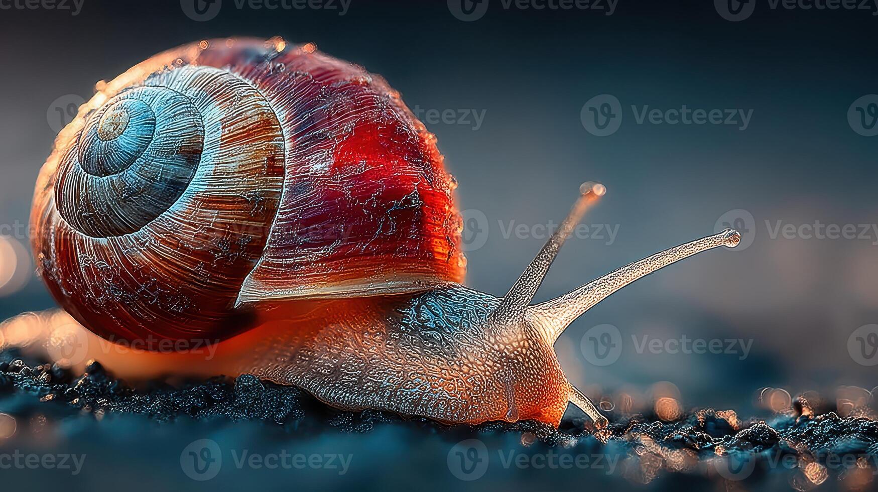 Close-up view of a vibrant shell snail on dark ground at dusk showcasing intricate texture and color patterns photo