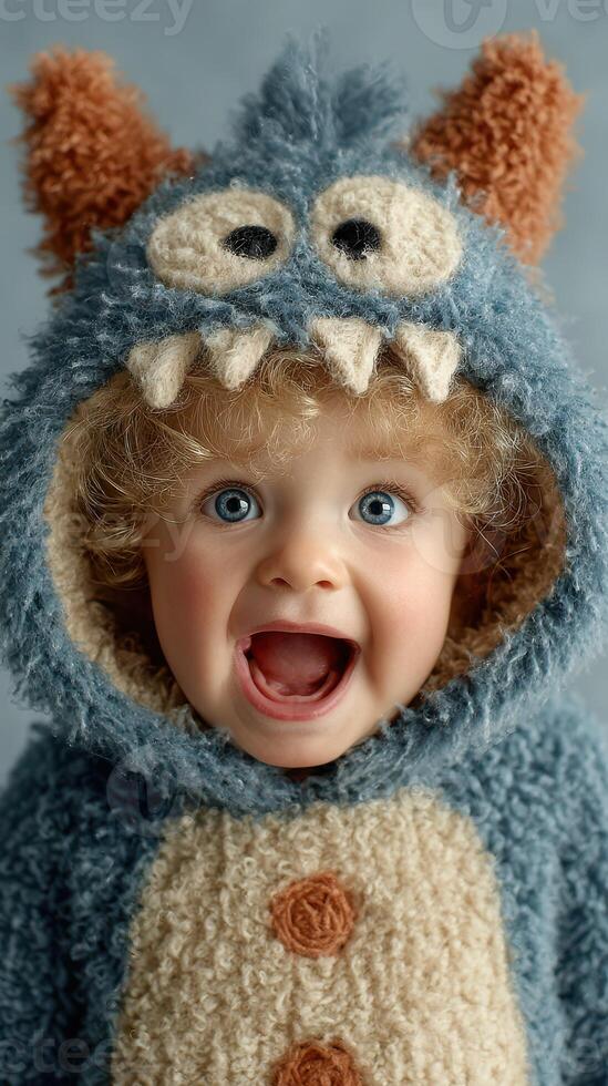 Happy child in blue furry monster costume with cheerful expression at home during the afternoon photo