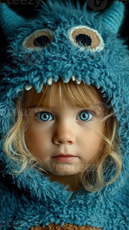 Child in a fuzzy monster costume gazes curiously with bright blue eyes in a cozy indoor setting during early evening photo