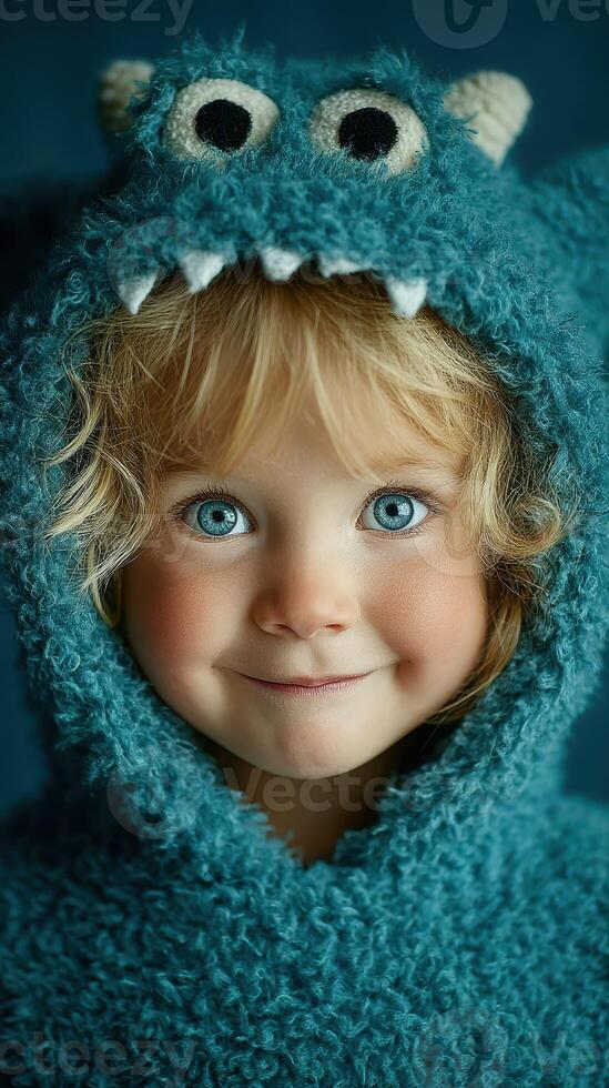 Child in a fluffy blue monster costume smiling brightly against a blue background indoors photo