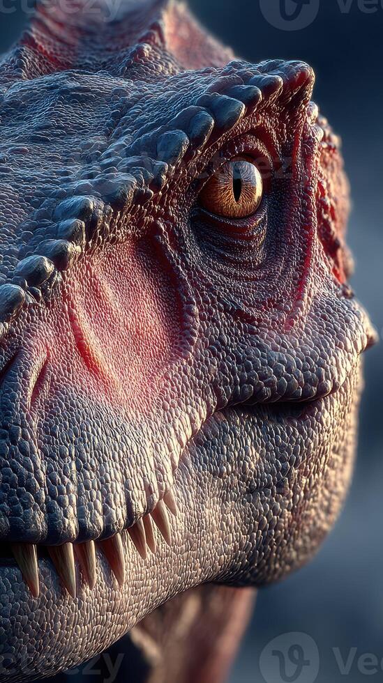 Realistic dinosaur head with intricate details showcasing textures in a dramatic lighting setting during sunset photo