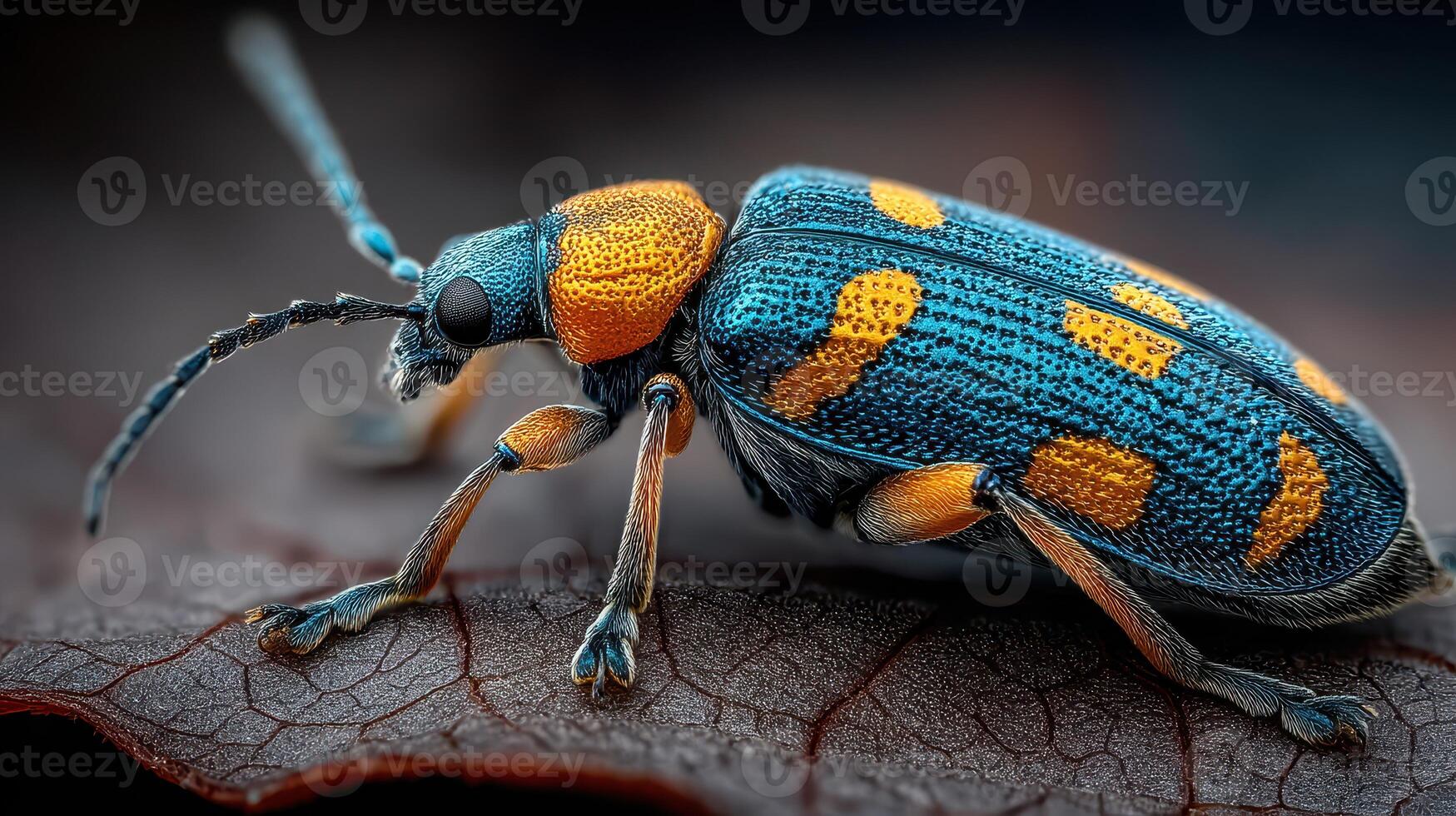 Brightly colored beetle exploring a leaf in a natural setting during daytime in an outdoor environment photo
