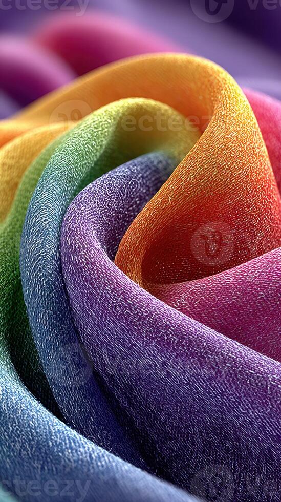 Colorful fabric waves display vibrant rainbow hues in a close-up shot taken indoors during daylight photo