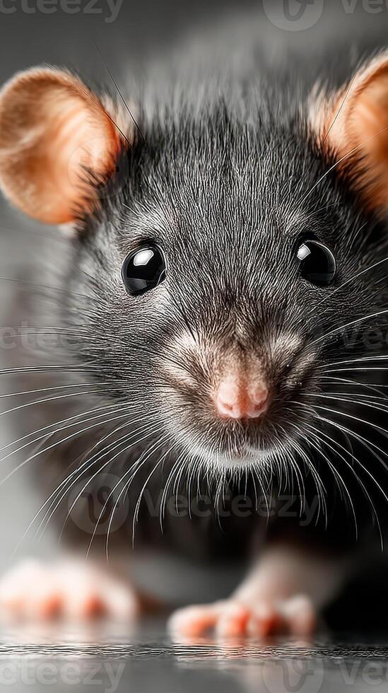Close-up view of a black rat showcasing its whiskers and shiny eyes in a subtle light setting photo