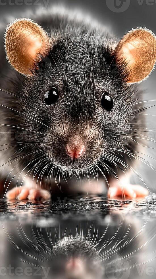 Close-up of a curious black rodent with shiny fur and expressive eyes on a reflective surface during daylight photo