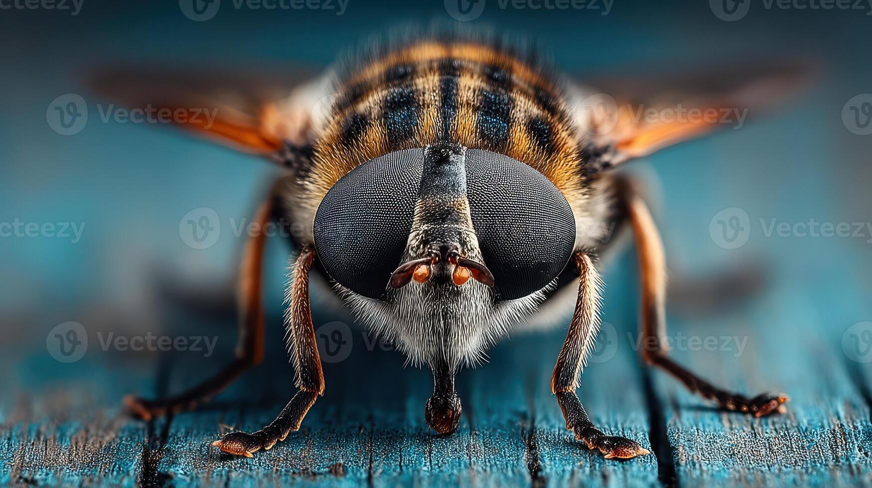 Close-up of a bee on wooden surface during daytime highlighting its intricate features and vibrant color patterns photo