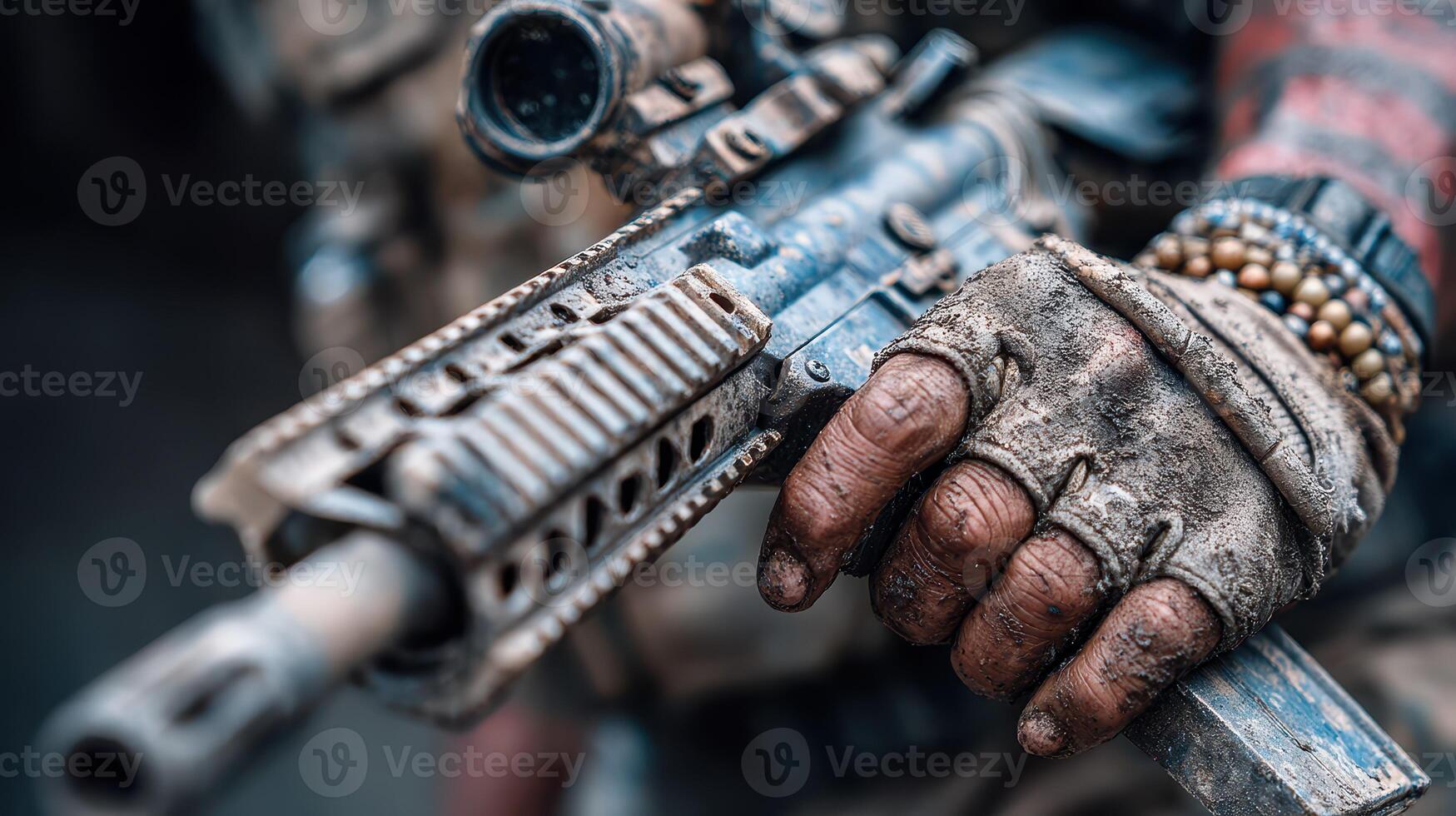 Soldier holding a muddy assault rifle during a training exercise in a forest environment near dusk photo