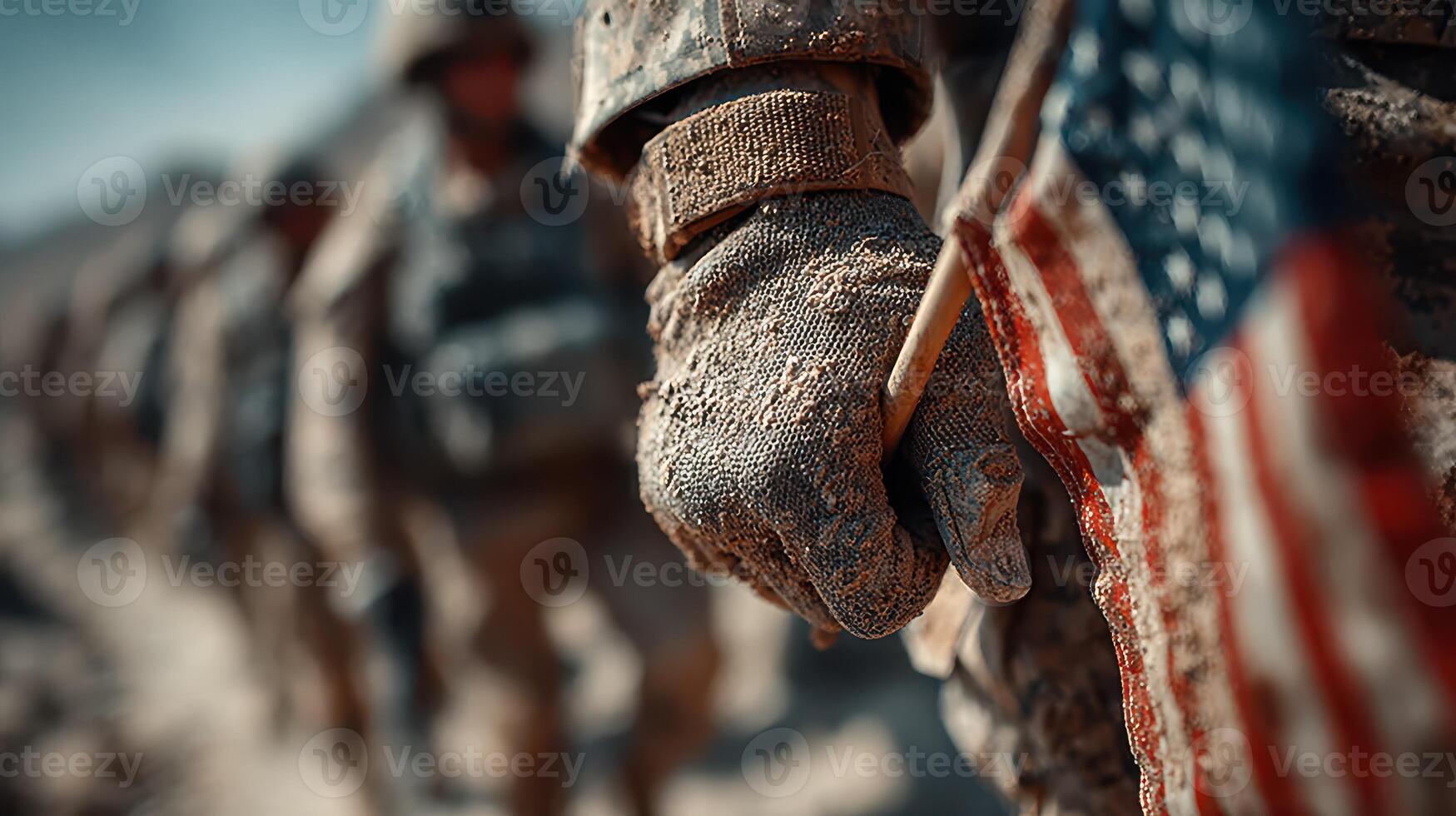 Soldiers display unity and patriotism while lined up in rugged terrain during a military operation in the early morning light photo
