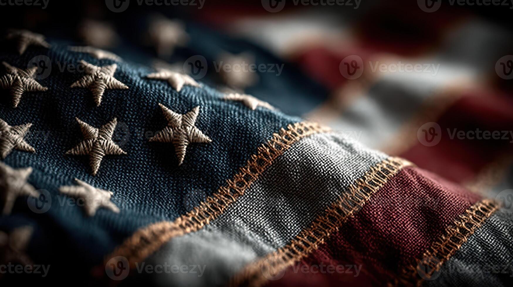 Close-up view of an aged American flag showcasing details of fabric and stitching photo
