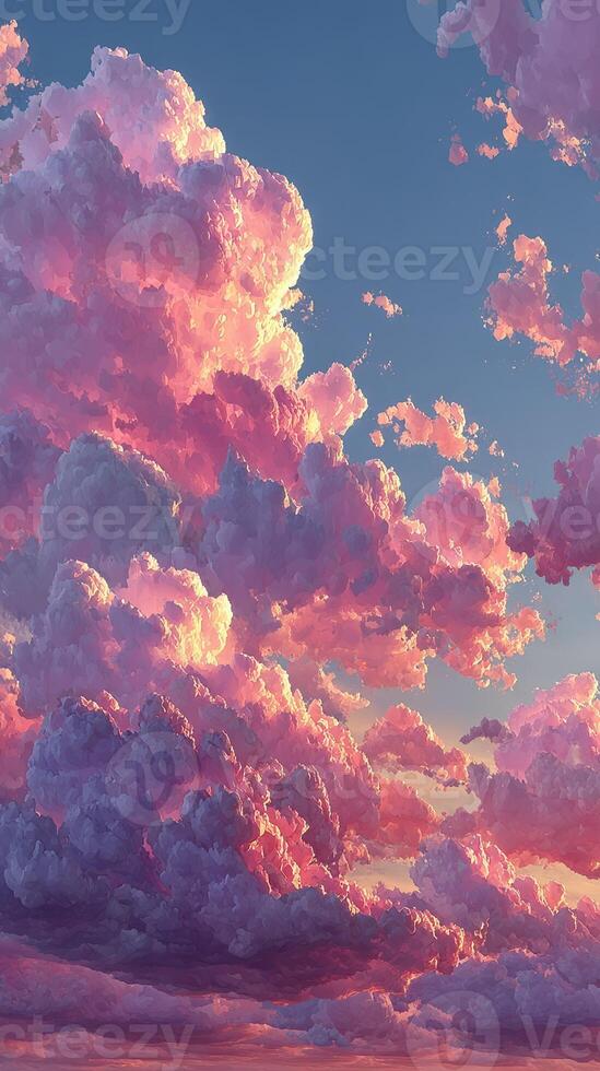 Colorful clouds fill the sky at sunset over a tranquil landscape with vibrant hues photo