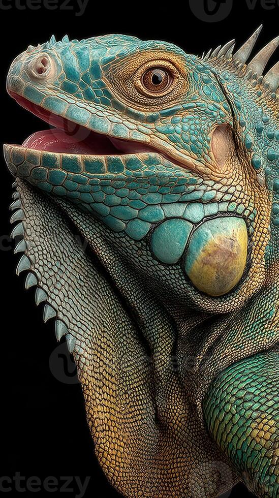 Vibrant close-up of an iguana showcasing intricate textures and colors in a striking portrait photo