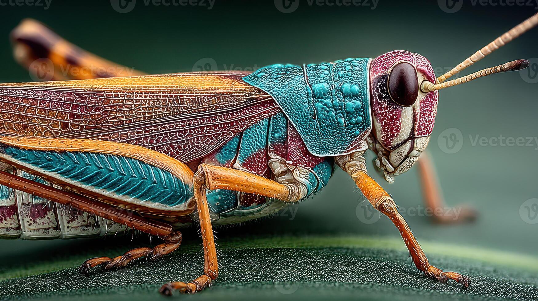 Colorful grasshopper resting on leaf during sunny day in the garden photo