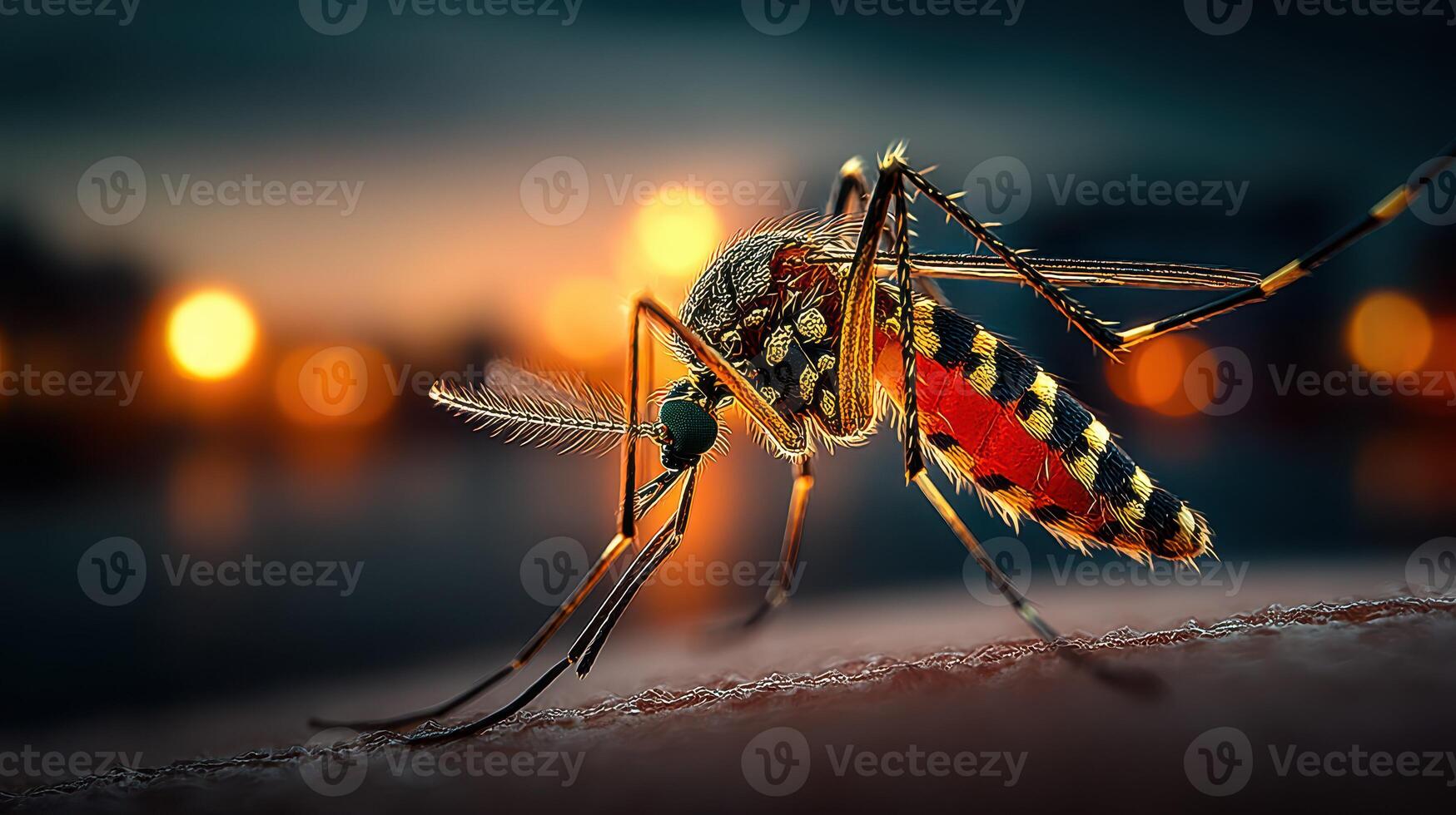 Close-up view of a colorful mosquito resting on a surface at twilight near a water source photo