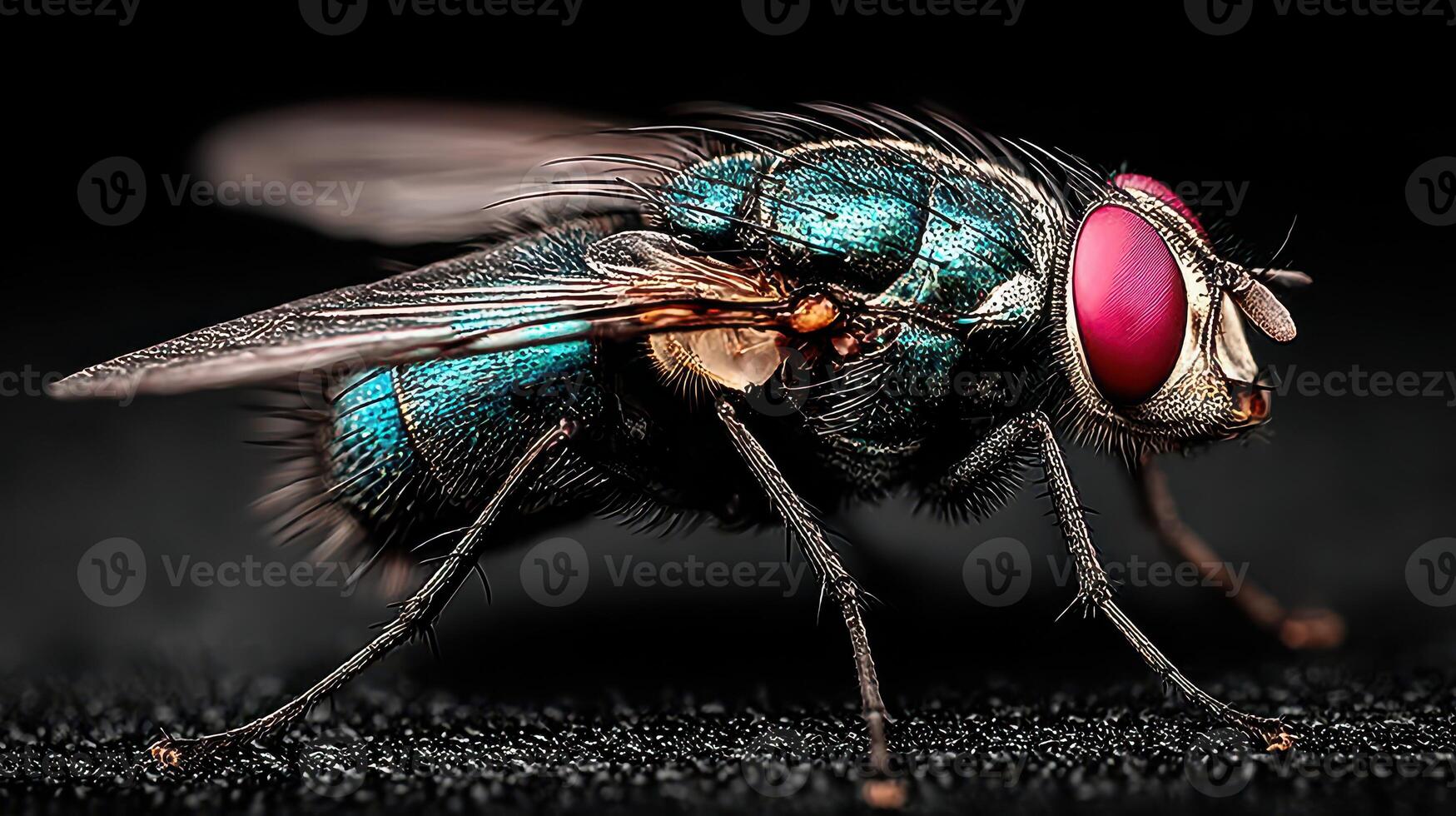 Close-up view of a blue bottle fly resting on a dark surface with intricate details of its body and vibrant colors photo