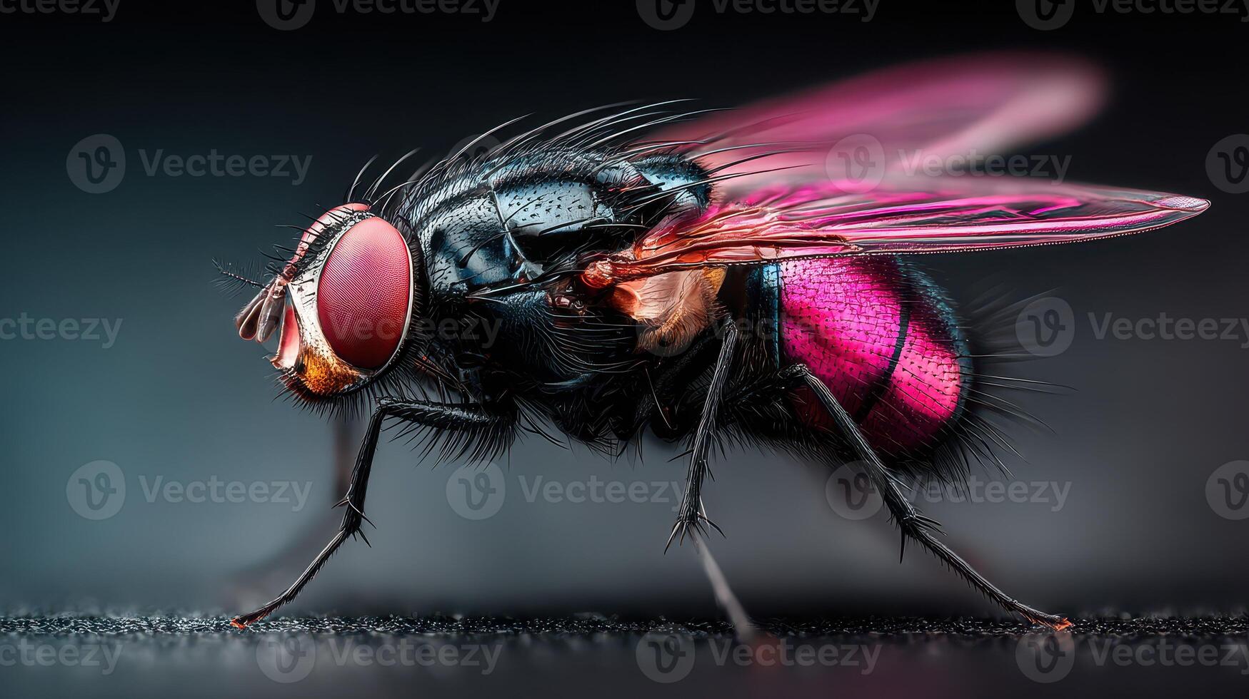 Detailed view of a fly showcasing its vibrant wings and unique features in a darkened environment photo