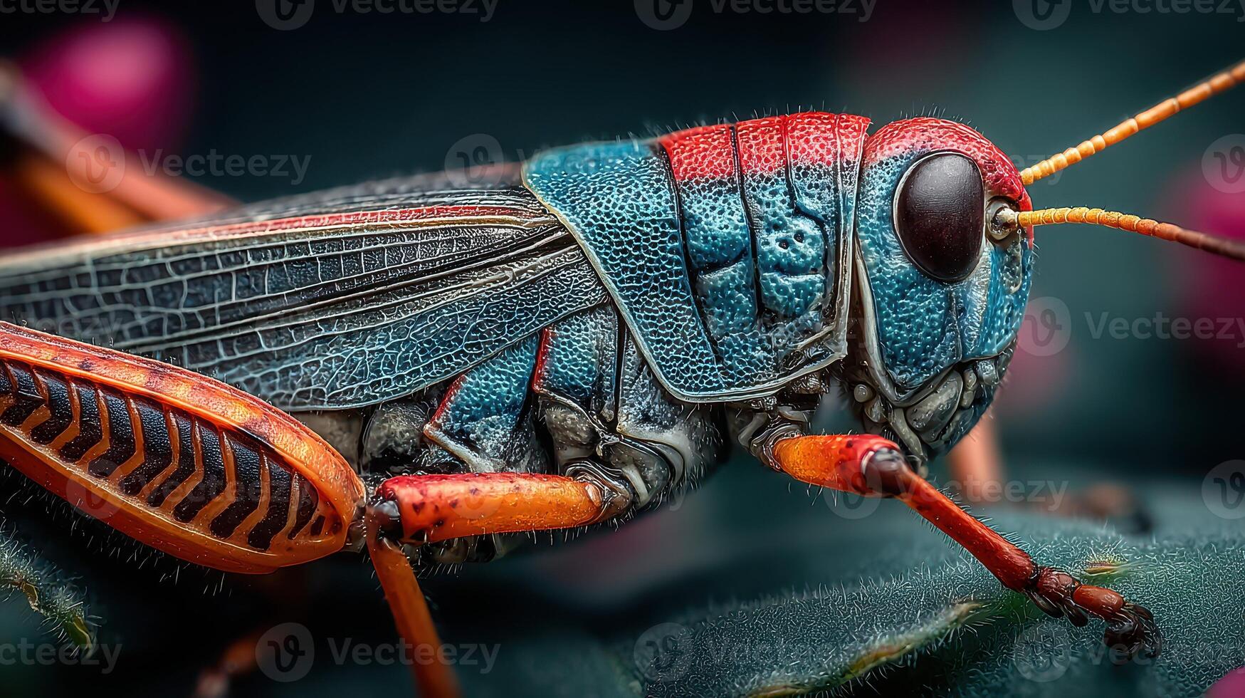 Colorful grasshopper perched on a leaf, showcasing intricate patterns and vibrant colors in a natural habitat photo