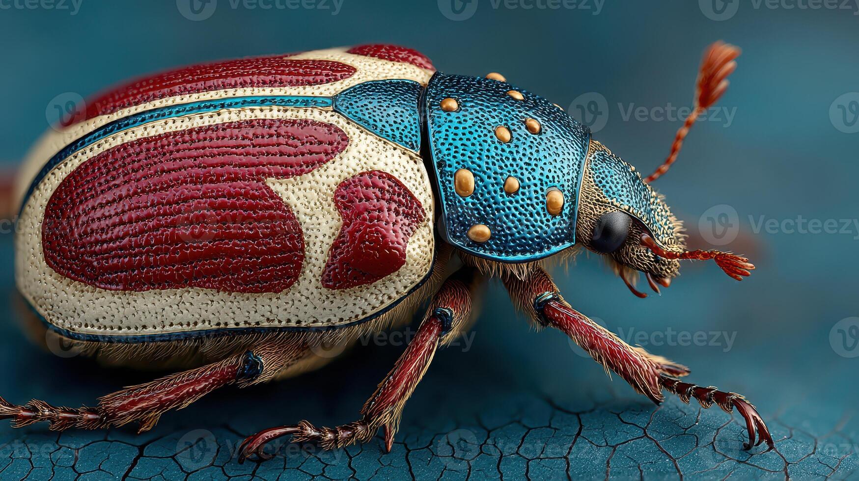 Colorful beetle resting on a cracked blue surface with detailed features and vibrant patterns amidst a subtle background photo