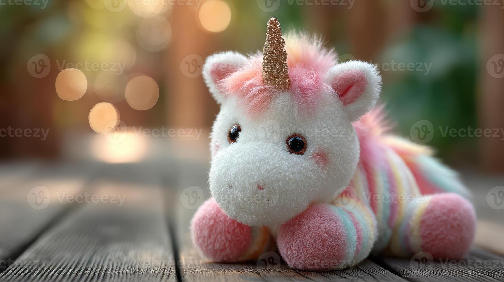 Cute plush unicorn sitting on wooden deck in a sunny garden surrounded by greenery and soft bokeh lights in the background photo