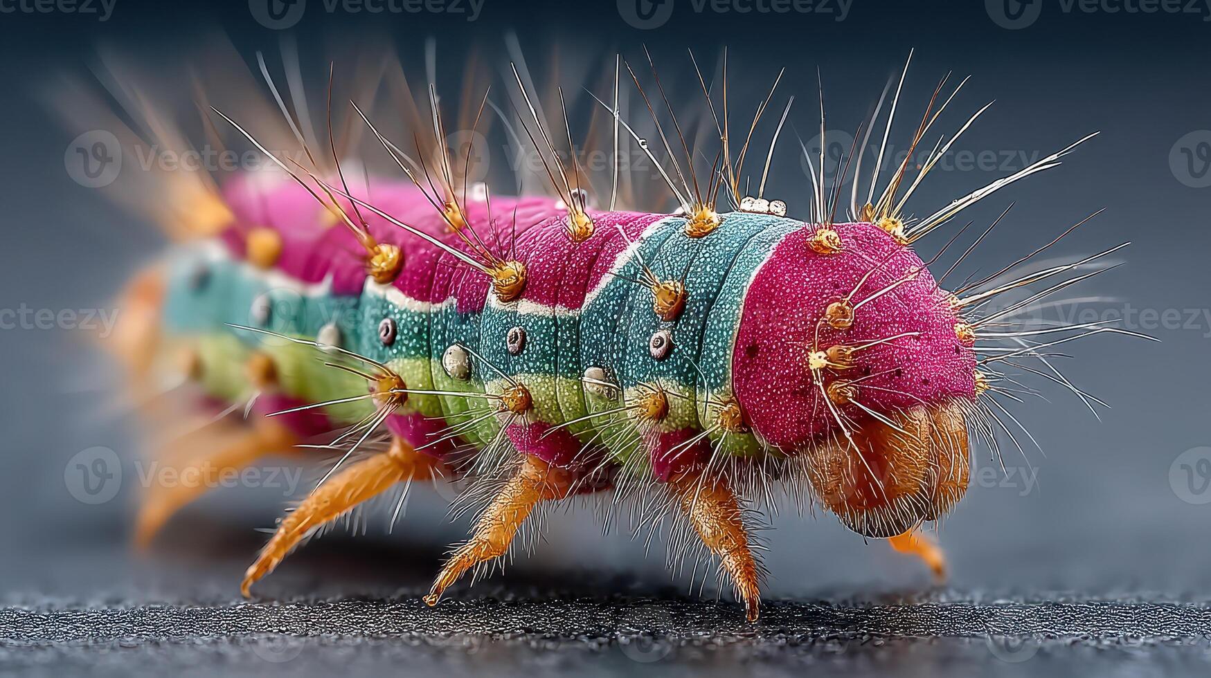Colorful caterpillar crawls across dark surface showcasing vivid patterns and intricate textures photo