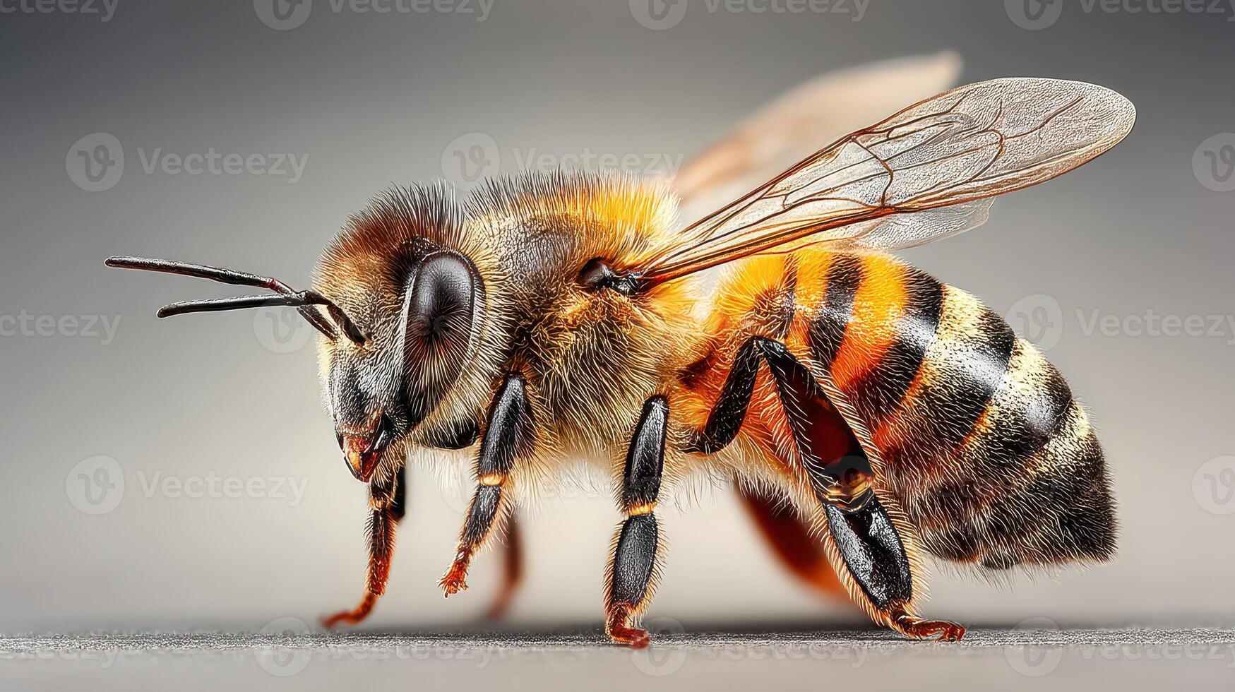 Close-up view of a bee showcasing its intricate features and vibrant coloration on a neutral background photo
