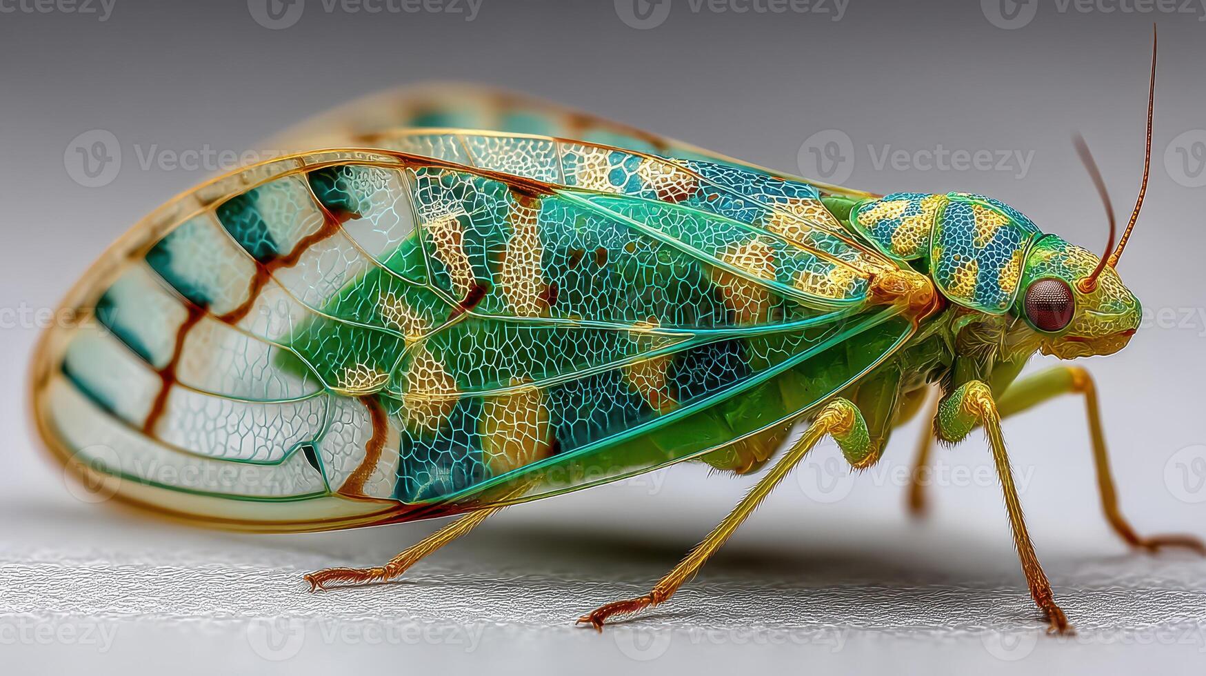Bright green cicada perched on a surface displaying intricate wing patterns and vibrant coloration photo